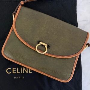 Celine Olive Green + Brown Leather Crossbody Bag Flap - COA + Dust Bag Included